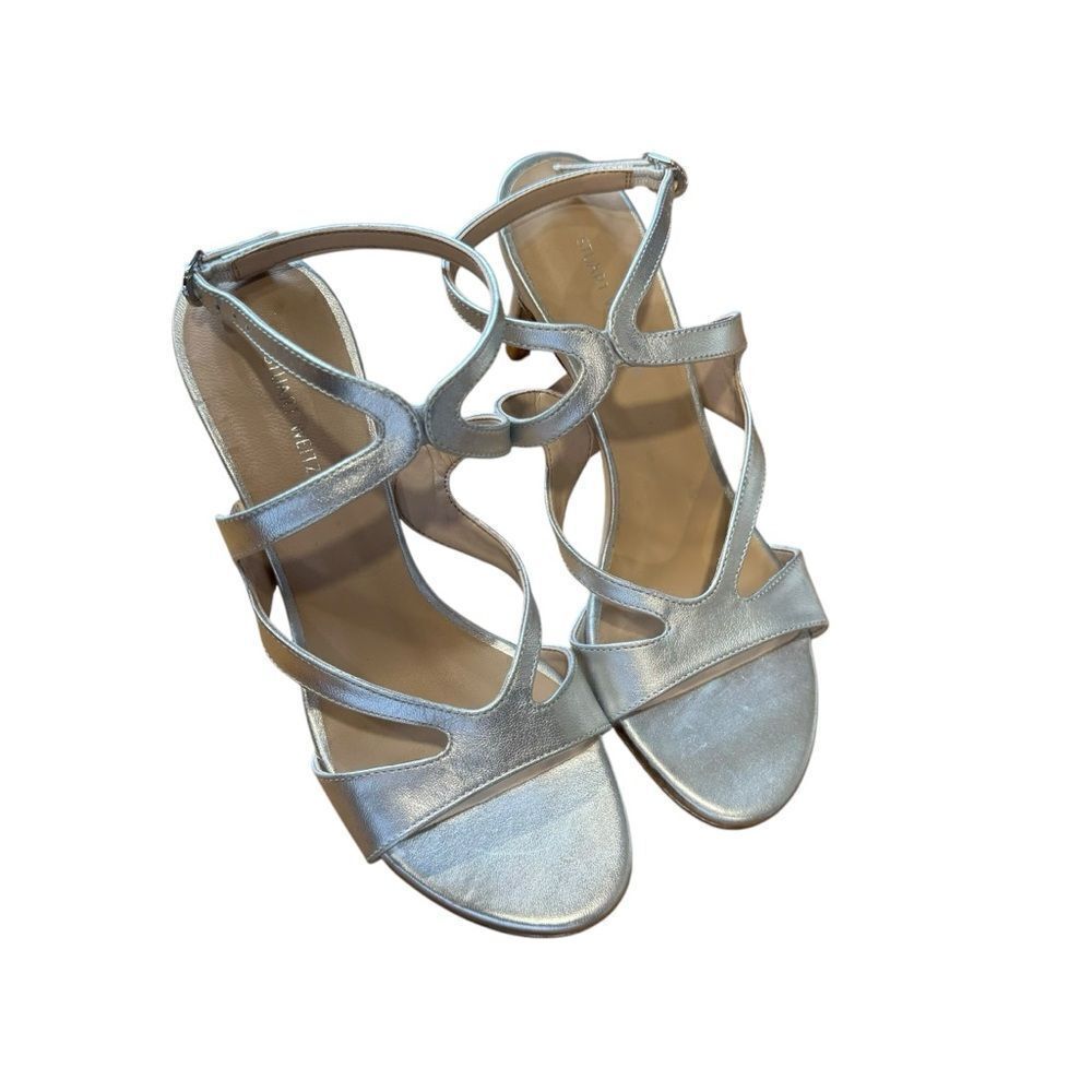 Revolve Stuart Weitzman Mariposa Silver Leather Sandals Heels NWOT - Picture 5 of 10